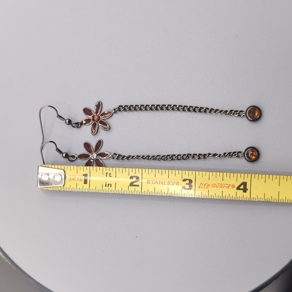 Silver Toned Long Drop Dangle Hook Earrings With Brown Tinted Glass Flower Focus - Picture 7 of 7